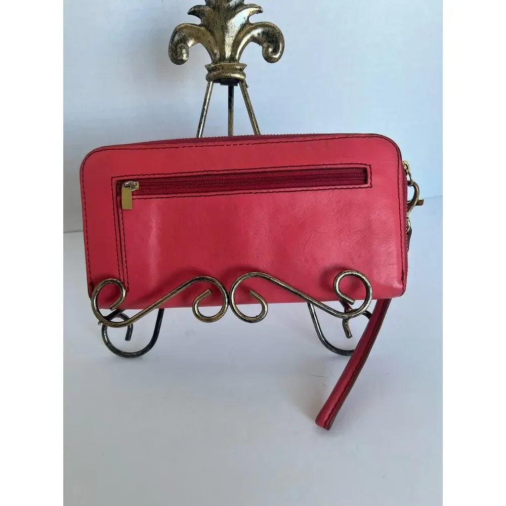 Fossil Wristlet Wallet Women‎ OS Coral Leather Zip Around Clutch
